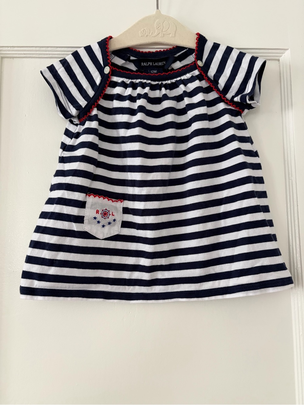 Ralph Lauren Baby Girl Navy White Sailor Stripe Cotton Shirt Dress 12 Months